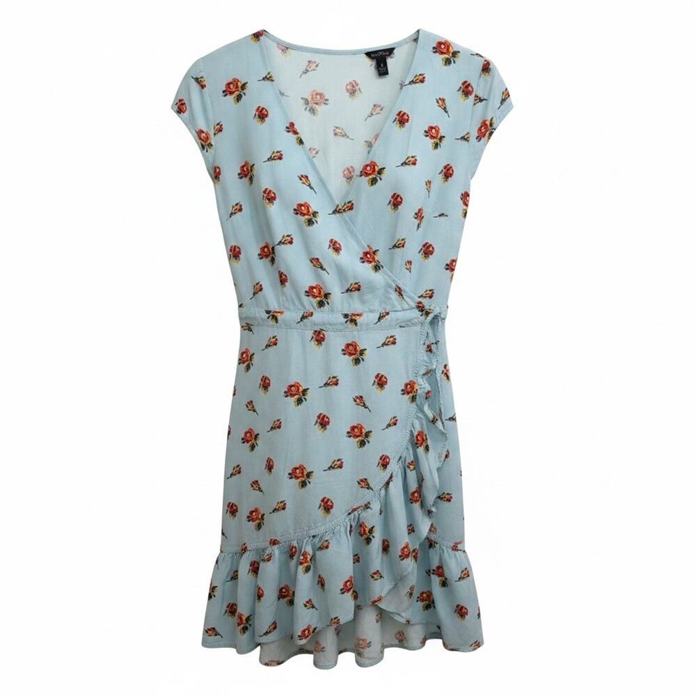 J. Crew Cottage Core Faux Wrap Dress Blue Red Floral Ruffled Mini Dress Sz 4